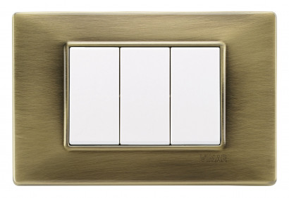 Выключатель 3-х клавишный, вставка белый, рамка - бронза, серия Plana