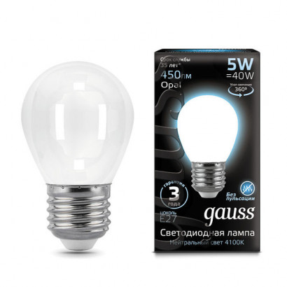 Лампа Gauss Filament Шар 5W 450lm 4100К Е27 milky LED 1/10/50, 105202205