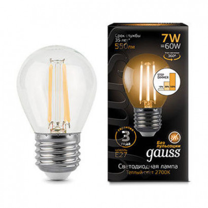 Лампа Gauss Filament Шар 7W 550lm 2700К Е27 шаг. диммирование LED 1/10/50, 105802107-S