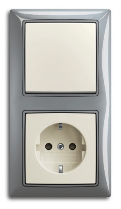 ABB Блок: Выключатель 1-клавишный с розеткой 2к+з, вставка - chalet-белый, рамка - bistro-синий, серия Basic55