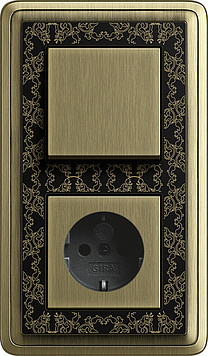 Gira Выключатель 1-клавишный с розеткой 2к+з, Бронза-Черный, серия Classix Art