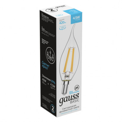 Лампа Gauss Basic Filament Свеча на ветру 4,5W 420lm 4100К Е14 LED 1/10/50, 1041125