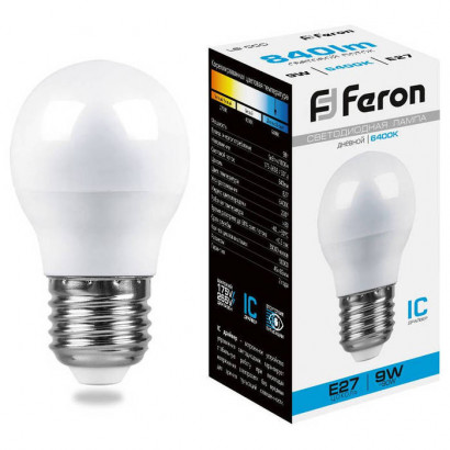 Лампа светодиодная,  (9W) 230V E27 6400K G45, LB-550, Feron 25806