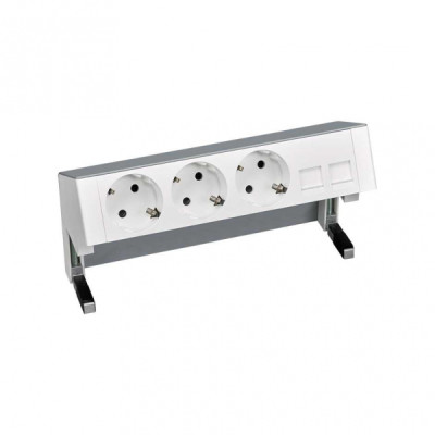 Simon 400 Алюминий Настольный розеточный блок, 3х2P+E, адаптер для 2хRJ45, моноблок, 42403020-133