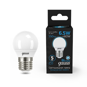 Gauss Лампа Шар 6.5W 550lm 6500K E27 LED 1/10/100, 105102307