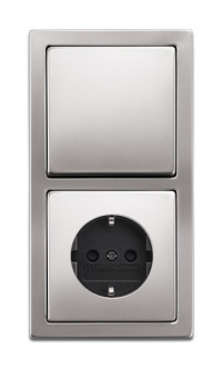 ABB Блок: Выключатель 1-клавишный с розеткой 2к+з, серия Pure сталь