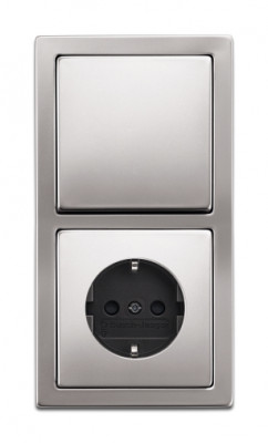 ABB Блок: Выключатель 1-клавишный с розеткой 2к+з, серия Pure сталь