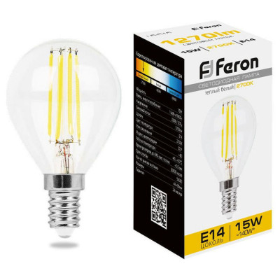 Лампа светодиодная, (15W) 230V E14 2700K прозрачная, LB-515, Feron 38249