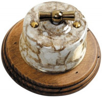 Fontini Выключатель 1-клавишный, фарфор под мрамор, ручка - медь, рамка - старое дерево,  Fontini, серия Garby