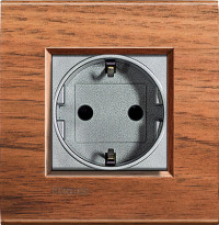 Розетка 2к+з, вставка - алюминий, серия Living Light, цвет рамки европейский орех