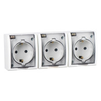 Simon Simon15 IP54  Розетка 3-ная 3х(2К+З) со шторками с крышкой полупр., 16А 250В~, винт. зажим, белая, 1594447-030