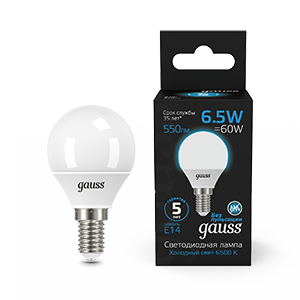 Gauss Лампа Шар 6.5W 550lm 6500K E14 LED 1/10/100, 105101307