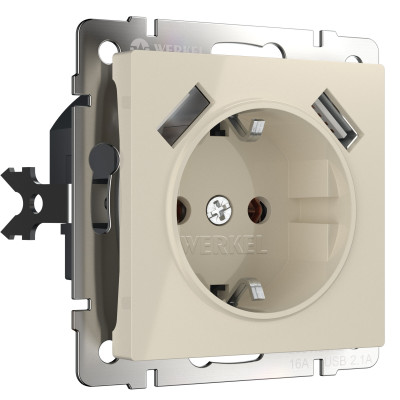 Werkel W1171503/ Розетка с заземлением, шторками и USBх2 (слоновая кость), a051486