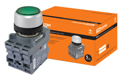 Кнопка с фиксацией MP2-21G(LED) в сборе d22мм/24В 1з+1р зеленая TDM Electric, SQ0747-0026