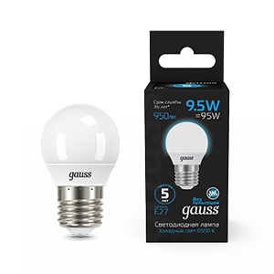 Gauss Лампа Шар 9.5W 950lm 6500K E27 LED 1/10/100, 105102310