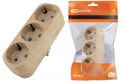 Блок на 3 гнезда 2П+З плоский 16А 250B "Эко" (сосна) TDM Electric, SQ1806-0076