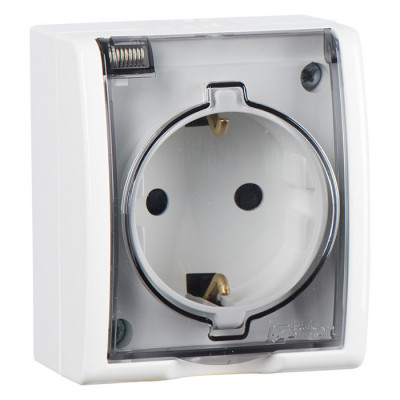 Simon Simon15 IP54  Розетка со шторками 2К+З с крышкой полупр., 16А 250В~, винт. зажим, белая, 1594432-030