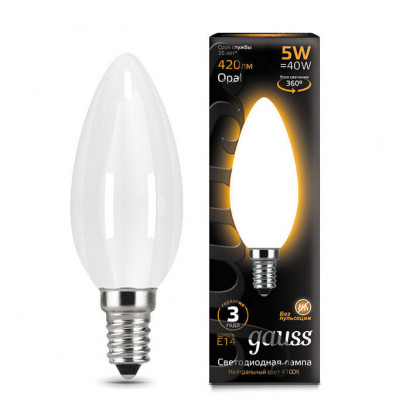 Лампа Gauss Filament Свеча 5W 420lm 2700К Е14 milky LED 1/10/50, 103201105