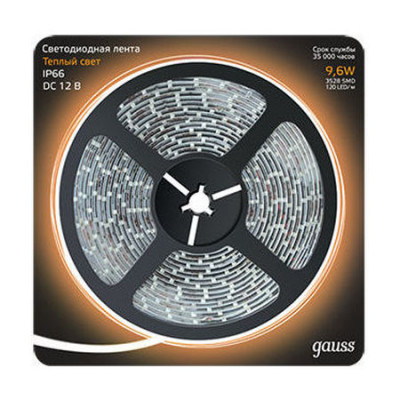 Лента Gauss LED 2835/120-SMD 9.6W 12V DC теплый белый IP66 (блистер 5м), 311000110