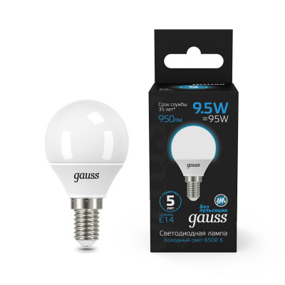 Лампа Gauss Шар 9.5W 950lm 6500K E14 LED 1/10/100, 105101310