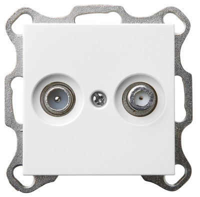 Розетка TV+FM ?9.5mm проходная с накладкой, цвет белый глянцевый, G6205W, Jasmart Electric