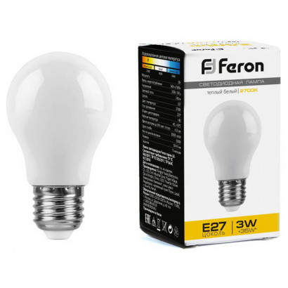 Лампа светодиодная,  (3W) 230V E27 2700K A50, LB-375, Feron 38266