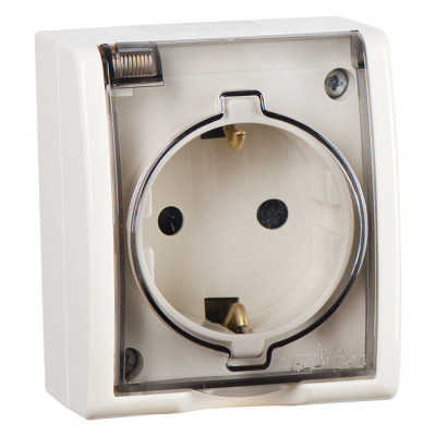 Simon 1594432-031 Simon15 IP54  Розетка со шторками 2К+З с крышкой полупр., 16А 250В~, винт. зажим, сл. кость