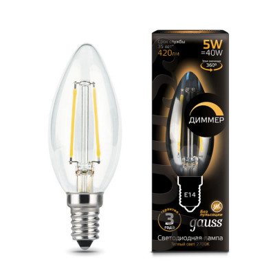 Лампа Gauss Filament Свеча 5W 420lm 2700К Е14 диммируемая LED 1/10/50, 103801105-D