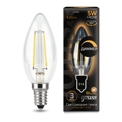 Лампа Gauss Filament Свеча 5W 420lm 2700К Е14 диммируемая LED 1/10/50, 103801105-D