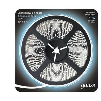 Лента Gauss LED 2835/120-SMD 9.6W 12V DC холодный белый (блистер 5м), 312000310