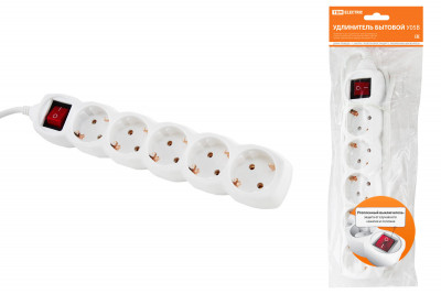Удлинитель бытовой У05В выключатель, 5 гнезд, 1,5метров, с заземлением, ПВС 3х1мм2 16А/250В TDM Electric, SQ1303-0120