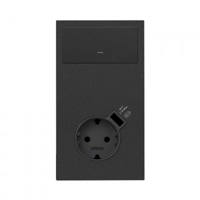 Simon 10020216-238 Кит 2 поста, фронт. Накладка вертикальная на 1 розетку Schuko с з/у USB SC + 1 клавиша выключателя цвета черный матовый S100