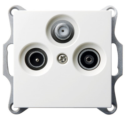 Розетка TV+FM+SAT ?9.5mm проходная с накладкой, цвет белый глянцевый, G6207W, Jasmart Electric