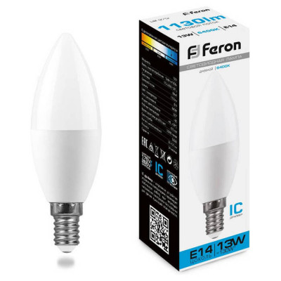 Лампа светодиодная, (13W) 230V E14 6400K С37, LB-970, Feron 38109