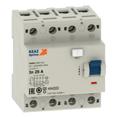 ВДТ без защиты от сверхтоков OptiDin DM63-4225-AС-УХЛ4 (4P, 25, 30mA), КЕАЗ, 254201