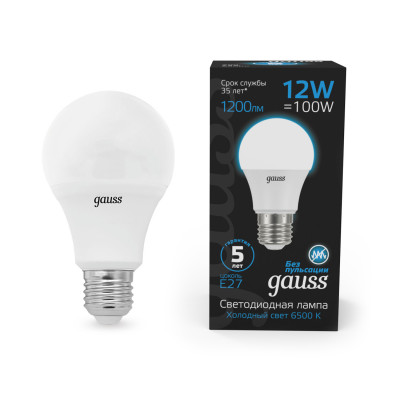 Лампа Gauss A60 12W 1200lm 6500K E27 LED 1/10/50, 102502312