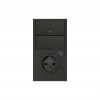 Simon 100 Черный матовый Кит 2 поста, фронт. Накладка вертикальная на 1 розетку Schuko с з/у USB SC + 2 клавиши выключателей, 10020218-238