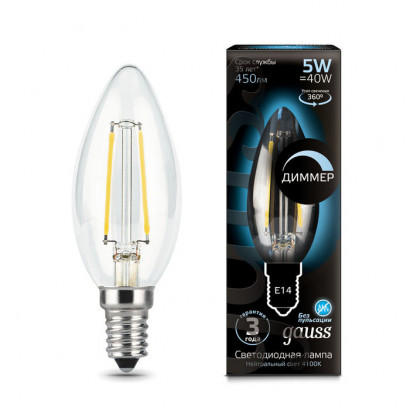 Лампа Gauss Filament Свеча 5W 450lm 4100К Е14 диммируемая LED 1/10/50, 103801205-D