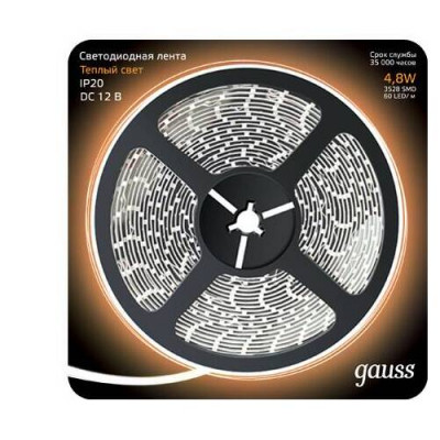 Лента Gauss LED 2835/60-SMD 4.8W 12V DC теплый белый (блистер 5м), 312000105