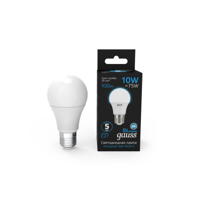 Лампа Gauss A60 10W 920lm 6500K E27 LED 1/10/50, 102502310