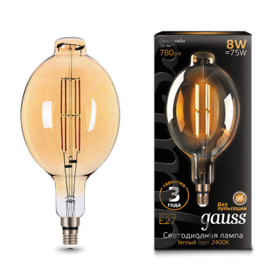Лампа Gauss Filament BT180 8W 780lm 2400К Е27 golden straight LED 1/6, 151802008