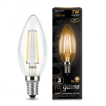 Лампа Gauss Filament Свеча 7W 550lm 2700К Е14 LED 1/10/50, 103801107