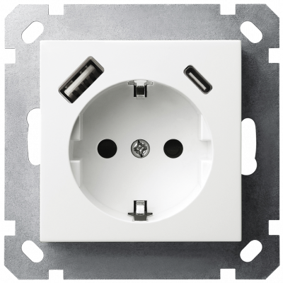 Розетка SHUKO© с USB A+C с защитными шторками 16A 250V~ 2P+T USB 25W, цвет белый глянцевый, G5501USB-25W, Jasmart Electric