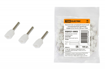 Наконечник штыревой втулочный изолированный (двойной) НШвИ (2) 0,75х10 (100 шт) TDM Electric, SQ0521-0003