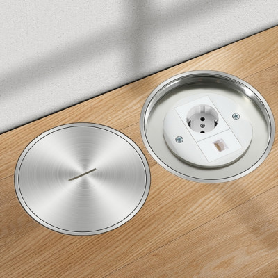 Люк напольный на 1,5 модуля, влагостойкий, IP66, с розеткой 220В и RJ45, металлический, круглый, h=50мм d=125мм, крышка сплошная, TIMIUX, нержавеющая сталь, EU1M1H50D125-IP66 ST