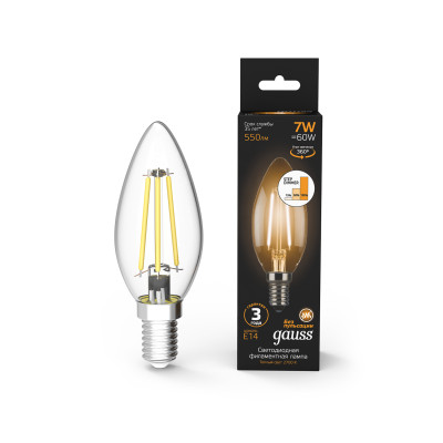 Лампа Gauss Filament Свеча 7W 550lm 2700К Е14 шаг. диммирование LED 1/10/50, 103801107-S