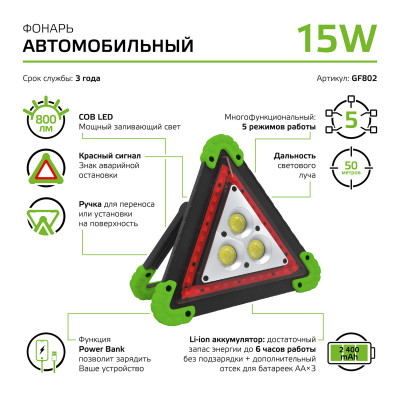 Фонарь автомобильный Gauss модель GFL802 15W 800Lm Power Bank Li-ion 2400mAh LED 1/12/24, GF802