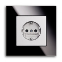 ABB Розетка 2к+з, Вставка - сталь,  Рамка - черное стекло, серия Carat