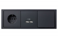 Блок: Выключатель 1-клавишный, розетка 2к+з,  USB зарядное устройство, цвет - антрацит, серия D-Life