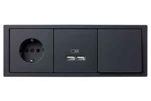Блок: Выключатель 1-клавишный, розетка 2к+з,  USB зарядное устройство, цвет - антрацит, серия D-Life